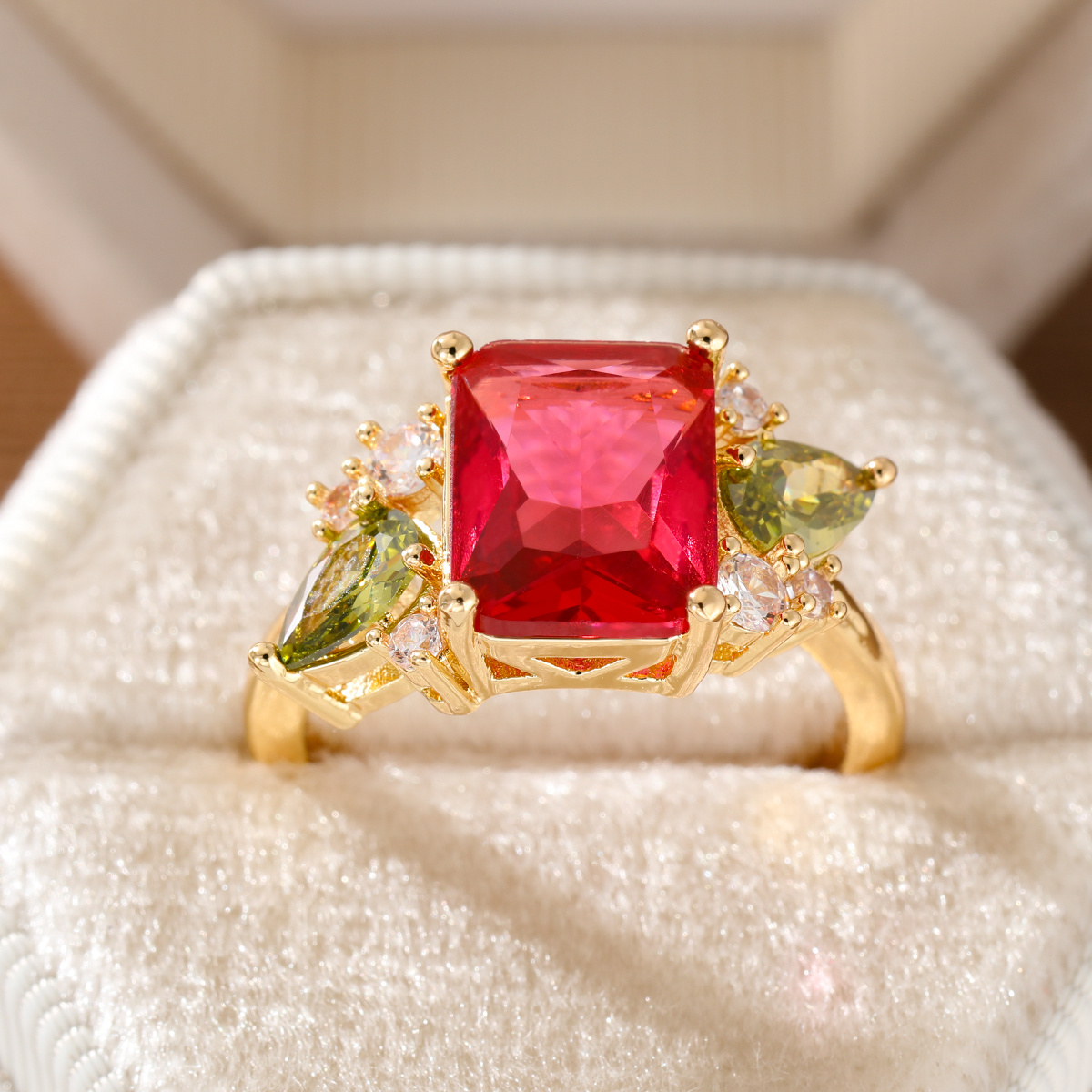 Vintage Ethnic-Style Women's Ring with Red Synthetic Zirconia